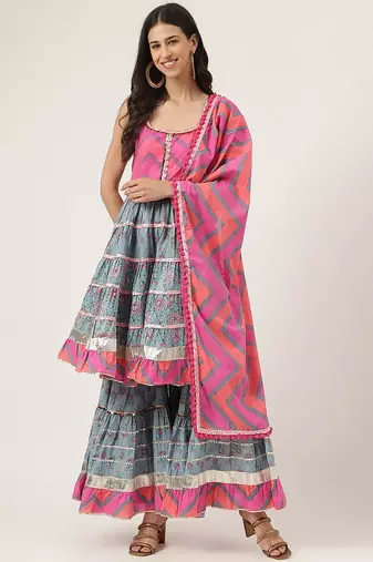Floral Printed Shoulder Straps Gotta Patti Pure Cotton Kurta With Sharara & Dupatta