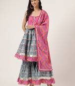 Floral Printed Shoulder Straps Gotta Patti Pure Cotton Kurta With Sharara & Dupatta