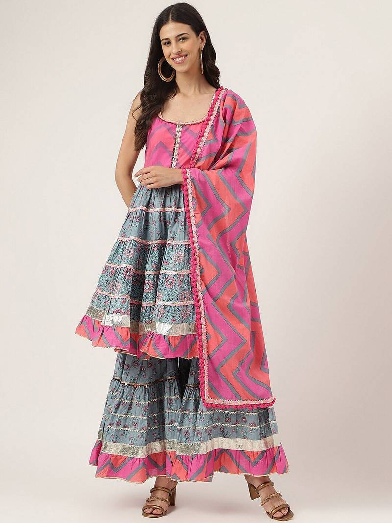 Floral Printed Shoulder Straps Gotta Patti Pure Cotton Kurta With Sharara & Dupatta