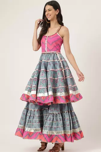 Floral Printed Shoulder Straps Gotta Patti Pure Cotton Kurta With Sharara & Dupatta
