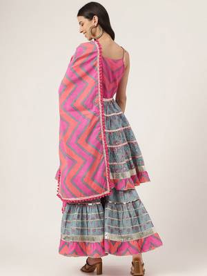 Floral Printed Shoulder Straps Gotta Patti Pure Cotton Kurta With Sharara & Dupatta 6