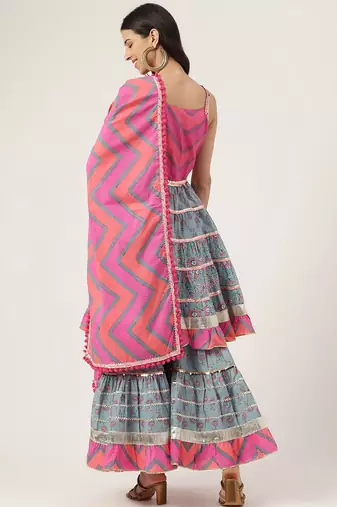 Floral Printed Shoulder Straps Gotta Patti Pure Cotton Kurta With Sharara & Dupatta