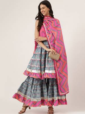 Floral Printed Shoulder Straps Gotta Patti Pure Cotton Kurta With Sharara & Dupatta 7