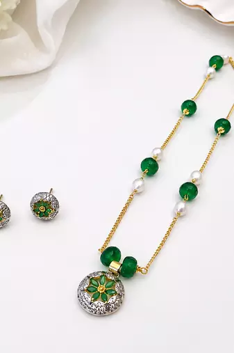 Green beaded pendant necklace floral meenakari pendant, gold-tone chain, stud earrings included, ethnic indian style