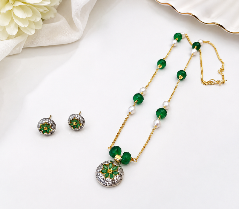 Green beaded pendant necklace floral meenakari pendant, gold-tone chain, stud earrings included, ethnic indian style