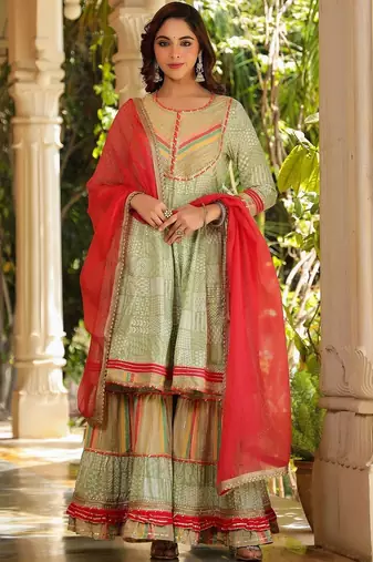 Women Printed Tiered Gotta Patti Kurta with Sharara and Dupatta