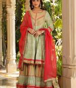 Women Printed Tiered Gotta Patti Kurta with Sharara and Dupatta