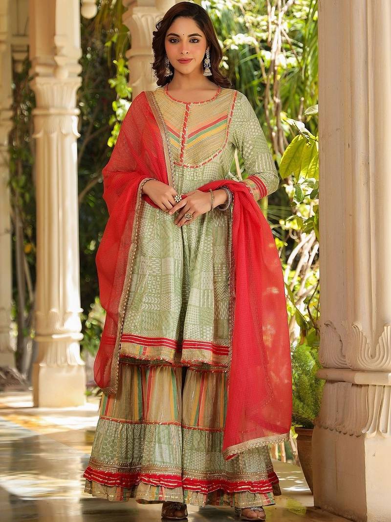 Women Printed Tiered Gotta Patti Kurta with Sharara and Dupatta
