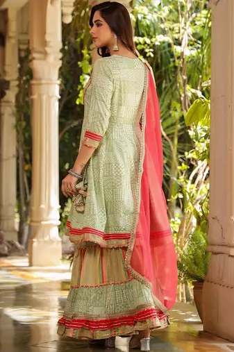 Women Printed Tiered Gotta Patti Kurta with Sharara and Dupatta