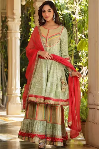 Women Printed Tiered Gotta Patti Kurta with Sharara and Dupatta