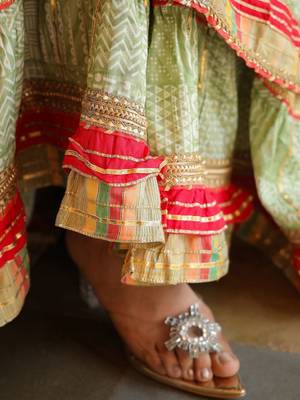 Women Printed Tiered Gotta Patti Kurta with Sharara and Dupatta 7