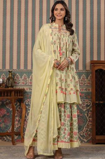 Yellow printed Silk Blend Kurta set