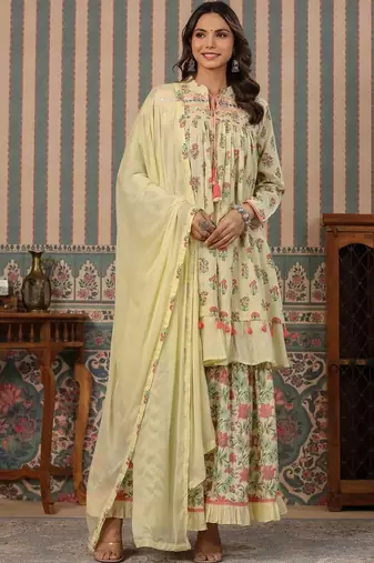 Yellow printed Silk Blend Kurta set