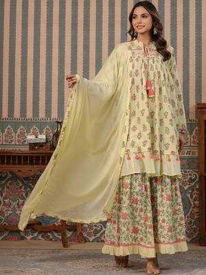 Yellow printed Silk Blend Kurta set 2