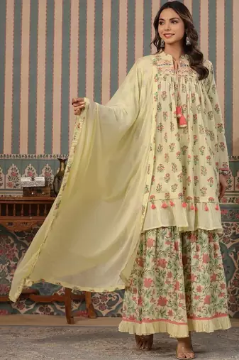 Yellow printed Silk Blend Kurta set