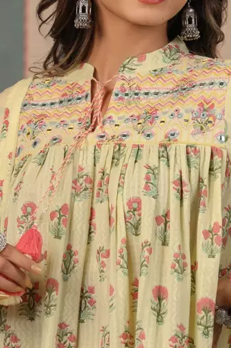 Yellow printed Silk Blend Kurta set