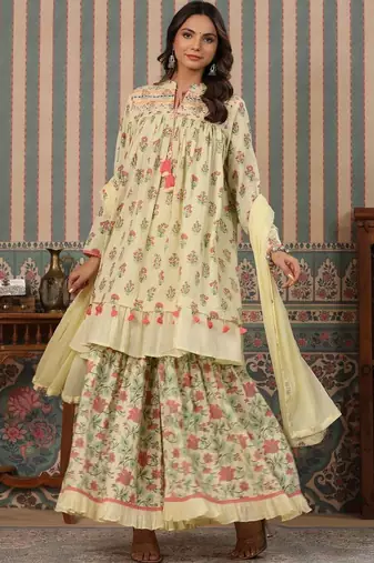 Yellow printed Silk Blend Kurta set