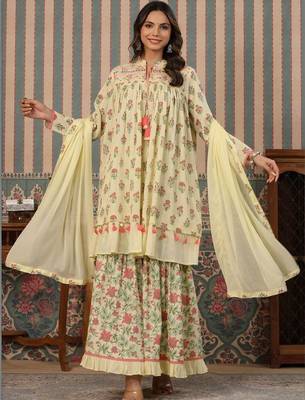 Yellow printed Silk Blend Kurta set 5