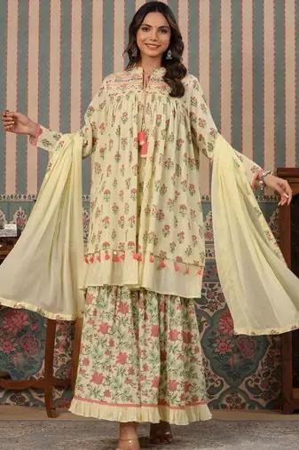 Yellow printed Silk Blend Kurta set