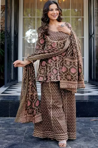 Women Floral Printed Layered Gotta Patti Pure Cotton Kurta with Palazzos & With Dupatta