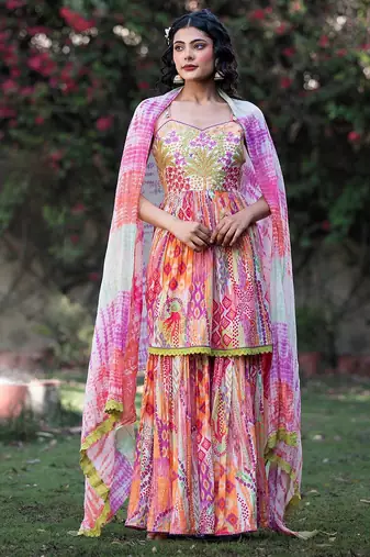 Women Ethnic Motifs Embroidered Pure Cotton Kurta With Sharara And Dupatta