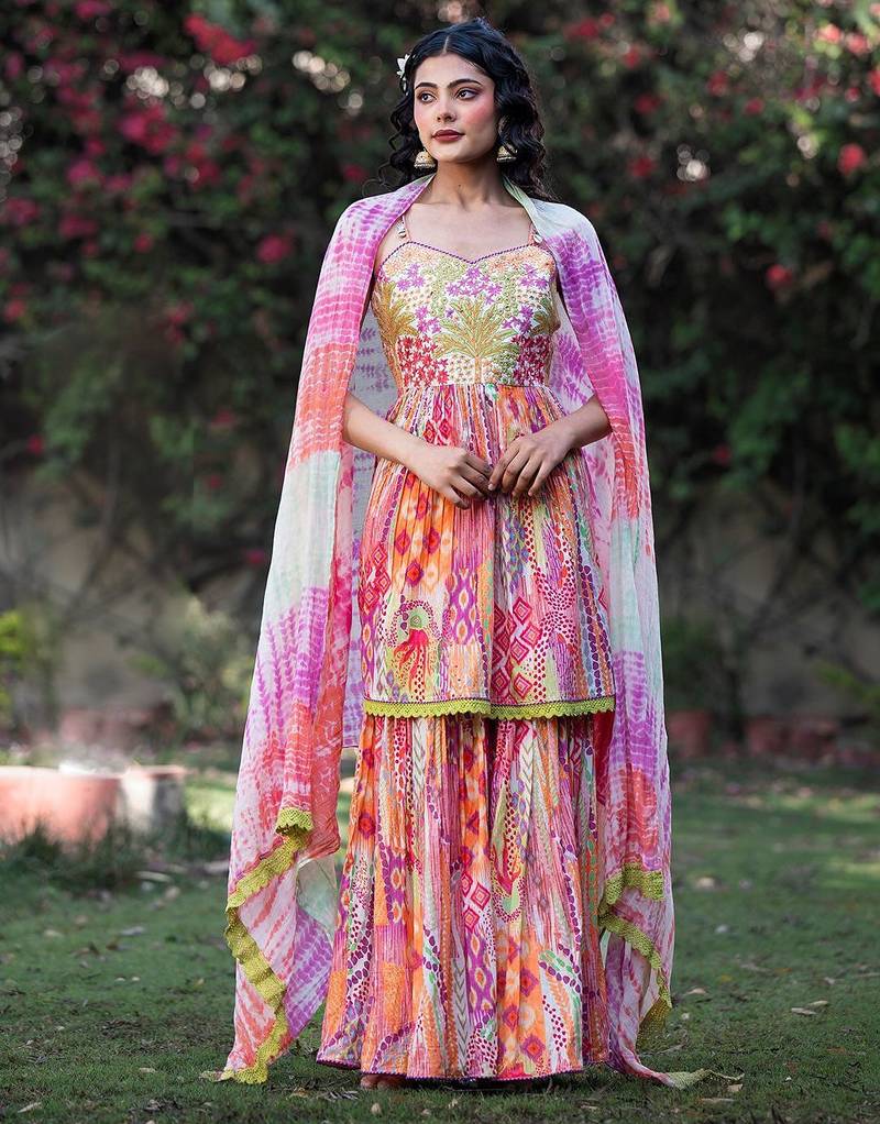 Women Ethnic Motifs Embroidered Pure Cotton Kurta With Sharara And Dupatta