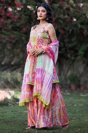 Women Ethnic Motifs Embroidered Pure Cotton Kurta With Sharara And Dupatta