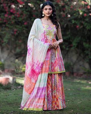 Women Ethnic Motifs Embroidered Pure Cotton Kurta With Sharara And Dupatta 5