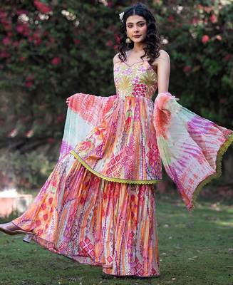 Women Ethnic Motifs Embroidered Pure Cotton Kurta With Sharara And Dupatta 7