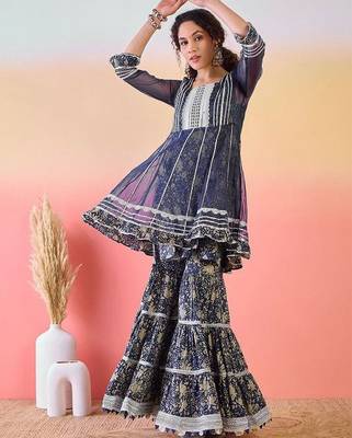 Women Ethnic Motifs Printed Pleated Thread Work Pure Cotton Kurta with Sharara 1