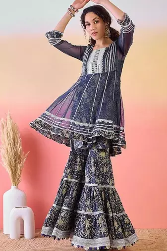 Women Ethnic Motifs Printed Pleated Thread Work Pure Cotton Kurta with Sharara