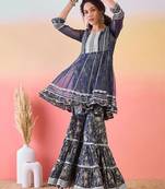 Women Ethnic Motifs Printed Pleated Thread Work Pure Cotton Kurta with Sharara