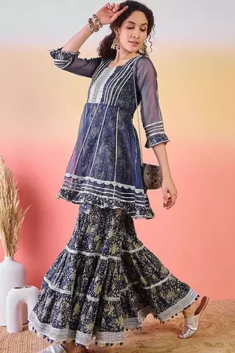 Women Ethnic Motifs Printed Pleated Thread Work Pure Cotton Kurta with Sharara