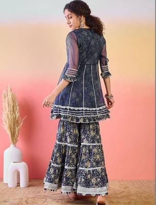 Women Ethnic Motifs Printed Pleated Thread Work Pure Cotton Kurta with Sharara 4