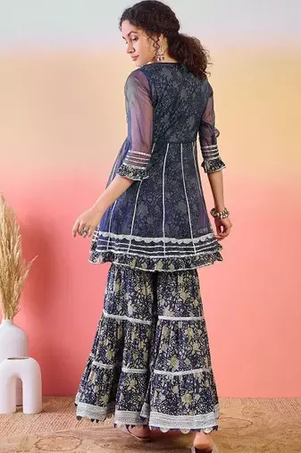 Women Ethnic Motifs Printed Pleated Thread Work Pure Cotton Kurta with Sharara