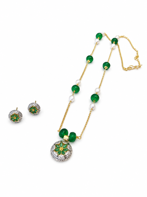 Green beaded pendant necklace floral meenakari pendant, gold-tone chain, stud earrings included, ethnic indian style 3