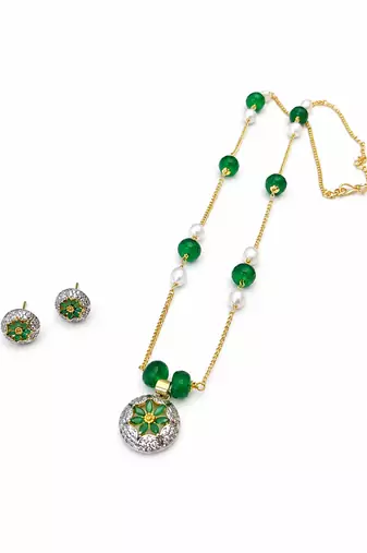 Green beaded pendant necklace floral meenakari pendant, gold-tone chain, stud earrings included, ethnic indian style