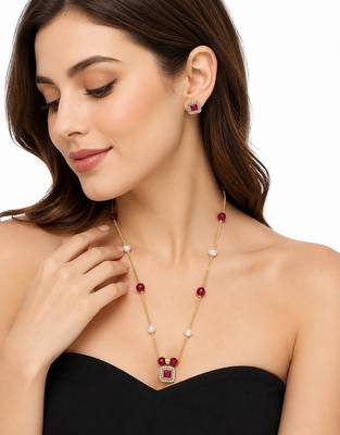 Gold-toned ruby red beaded pendant necklace and earrings set pearl accents, square cz pendant, festive wear, gold chain 1