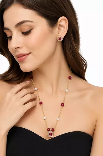 Gold-toned ruby red beaded pendant necklace and earrings set pearl accents, square cz pendant, festive wear, gold chain