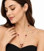 Gold-toned ruby red beaded pendant necklace and earrings set pearl accents, square cz pendant, festive wear, gold chain