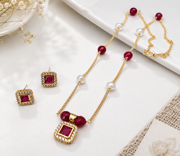 Gold-toned ruby red beaded pendant necklace and earrings set pearl accents, square cz pendant, festive wear, gold chain 2