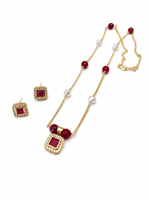 Gold-toned ruby red beaded pendant necklace and earrings set pearl accents, square cz pendant, festive wear, gold chain 3