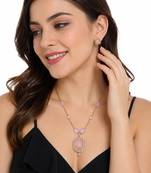 Pink stone pendant necklace and earrings jewellery set gold-tone chain, crystal embellished, pearl accents, rectangular.