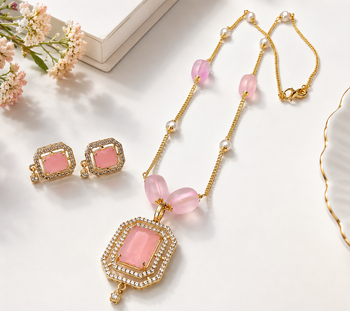 Pink stone pendant necklace and earrings jewellery set gold-tone chain, crystal embellished, pearl accents, rectangular. 2