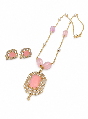 Pink stone pendant necklace and earrings jewellery set gold-tone chain, crystal embellished, pearl accents, rectangular. 3