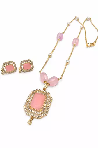Pink stone pendant necklace and earrings jewellery set gold-tone chain, crystal embellished, pearl accents, rectangular.
