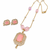 Pink stone pendant necklace and earrings jewellery set gold-tone chain, crystal embellished, pearl accents, rectangular.