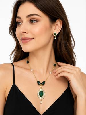 Green stone gold-toned pendant necklace & earrings jewellery set cz stone accents, pearl beaded chain,women's jewellery 1