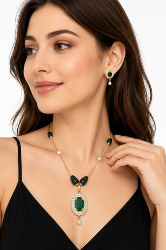 Green stone gold-toned pendant necklace & earrings jewellery set cz stone accents, pearl beaded chain,women's jewellery