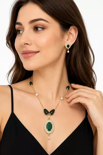 Green stone gold-toned pendant necklace & earrings jewellery set cz stone accents, pearl beaded chain,women's jewellery